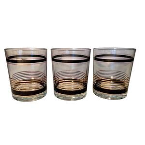 VTG SET 3 MCM Black & Gold Stripe STRIPED Low Ball Rocks Bar Glasses Whiskey